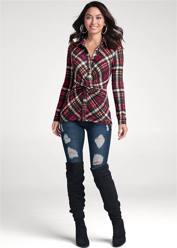 Full front view Plaid Knot Twist Top