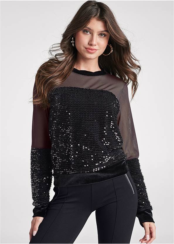 Velvet Sequin Top,Mid Rise Slimming Stretch Jeggings,Faux-Leather Pants