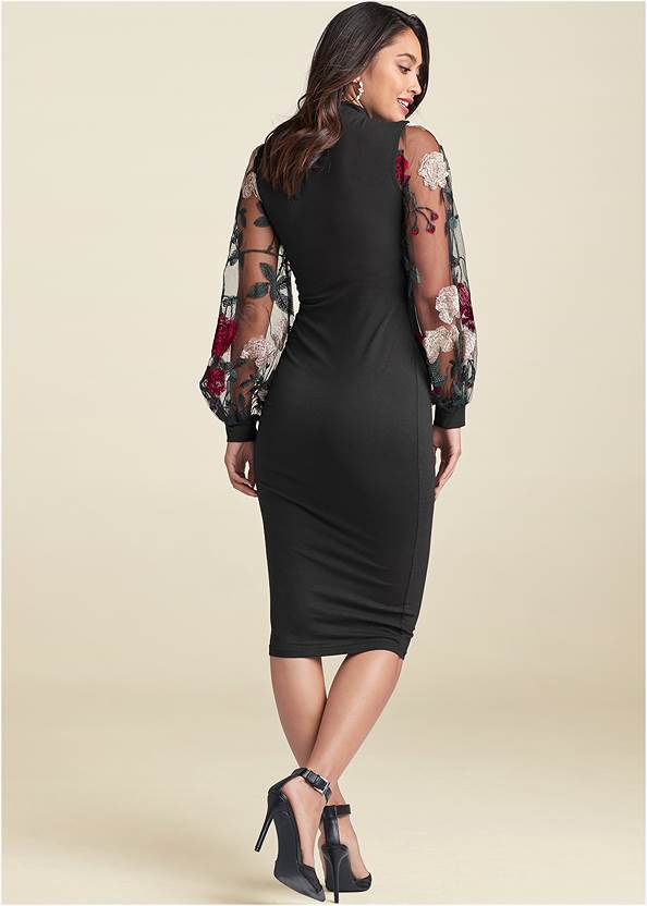 Full back view Embroidered Floral Puff Sleeve Dress