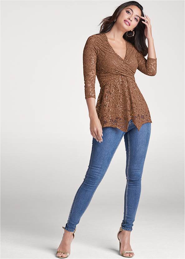 Full front view Sequin Lace Surplice Top