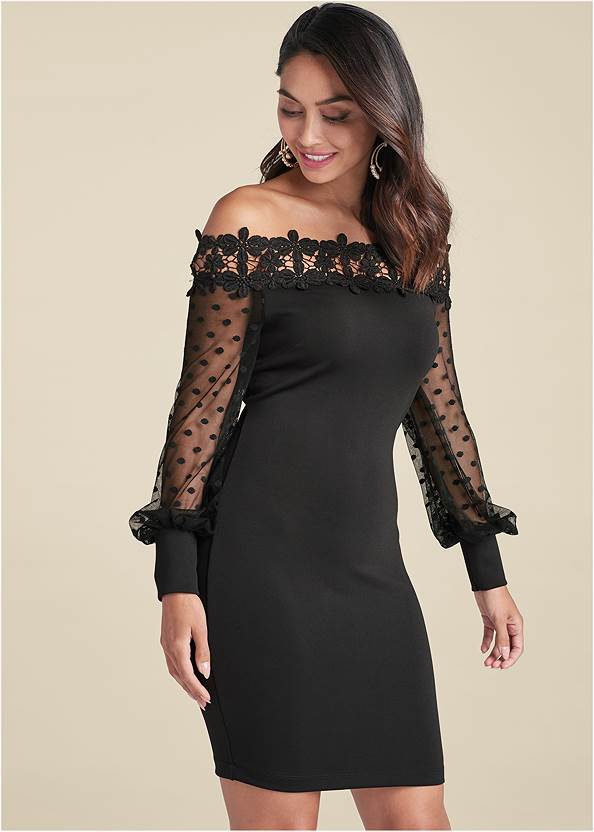 Front View Dotted Mesh Off-The-Shoulder Dress