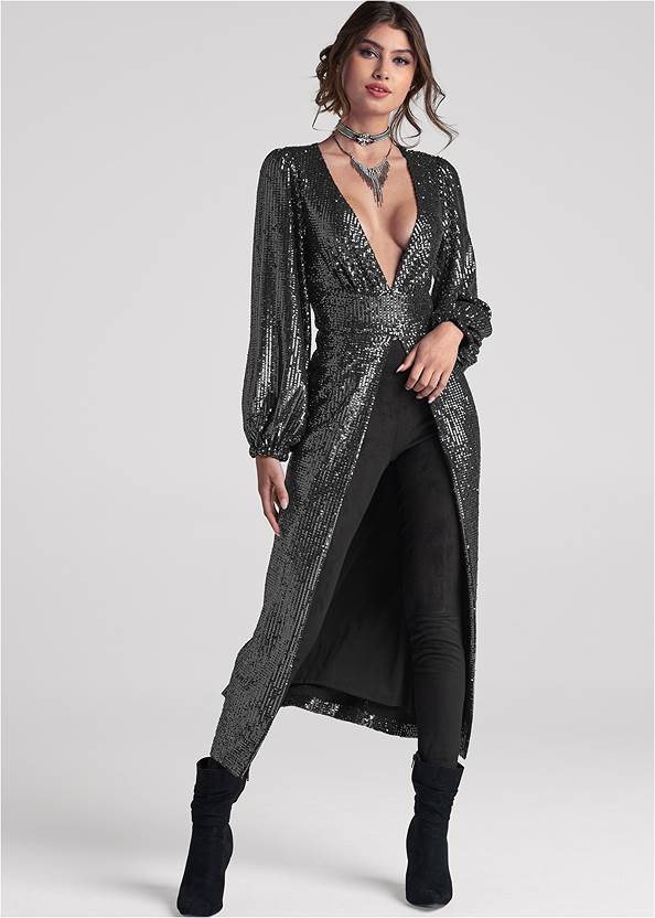 Sequin Maxi Top,Wide Leg Ponte Pants,Pull-On Faux-Suede Skinny Pants,Block Heel Platform Sandals,Slouchy Pointed Toe Booties,Embellished Drop Earrings,Boho Coin Bib Necklace