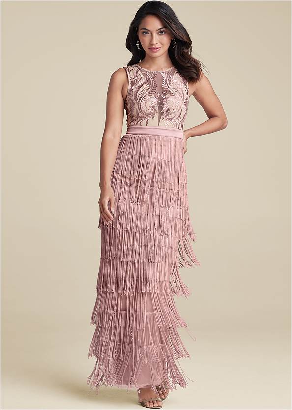 Full front view Embroidered Fringe Long Dress