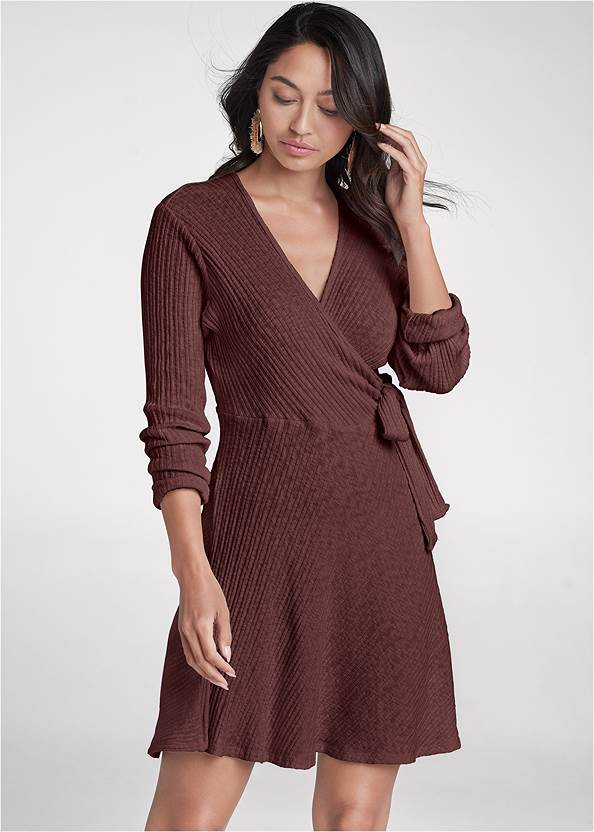 Ribbed Tie-Front A-Line Dress,Whipstitch Peep Toe Booties