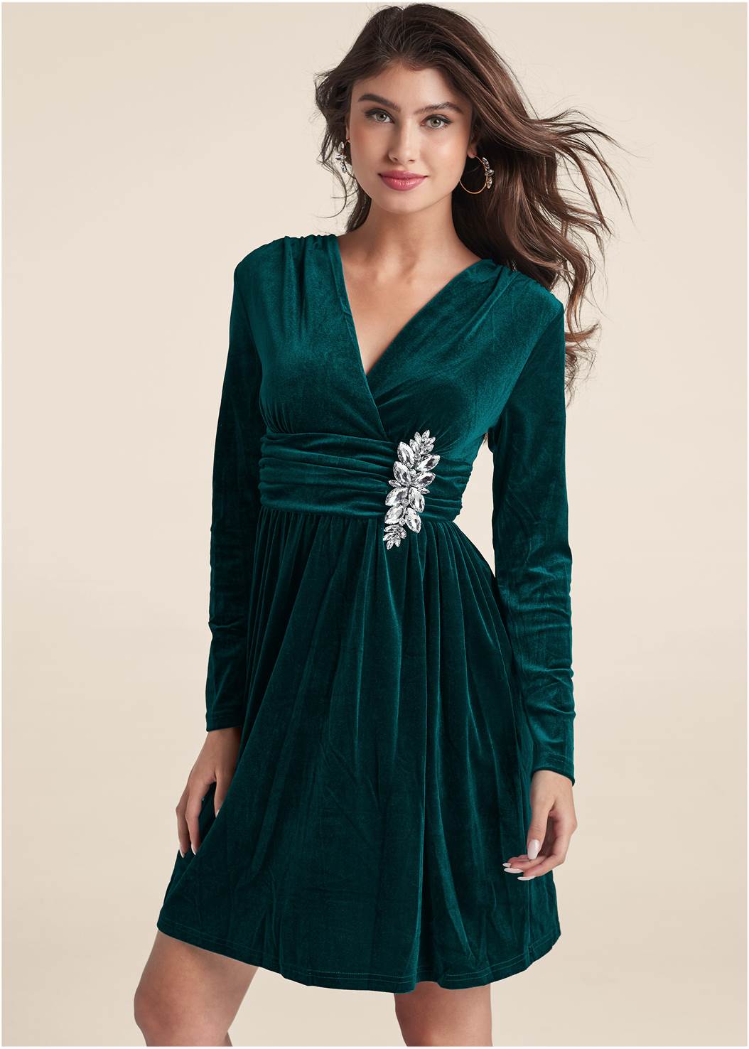 Embellished Velvet Dress in Green | VENUS