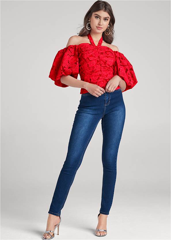 Back View Lace Puff Sleeve Top