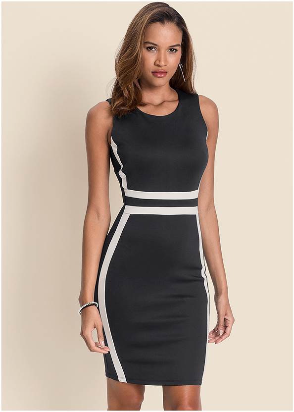 Color Block Bodycon Dress,Adjustable Cleavage Bra,Confidence Seamless Dress,High Heel Strappy Sandals,Hoop Earrings