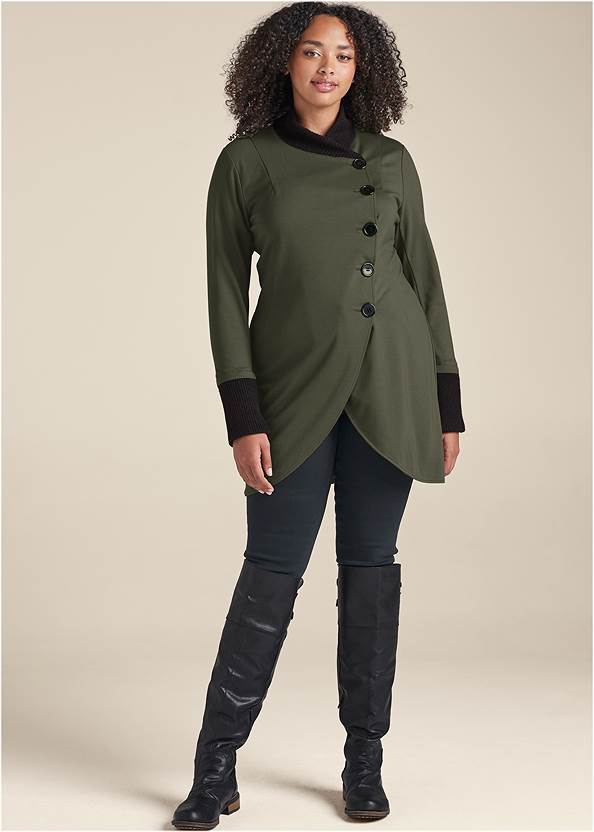 Knit Asymmetrical Button-Front Jacket,Skinny Jeans,Lift Jeans,Over-The-Knee Stretch Boots