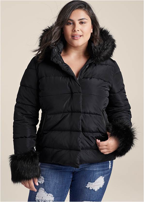Faux-Fur Trim Puffer Coat,Basic Cami Two Pack,Ripped Skinny Jeans,Over-The-Knee Stretch Boots