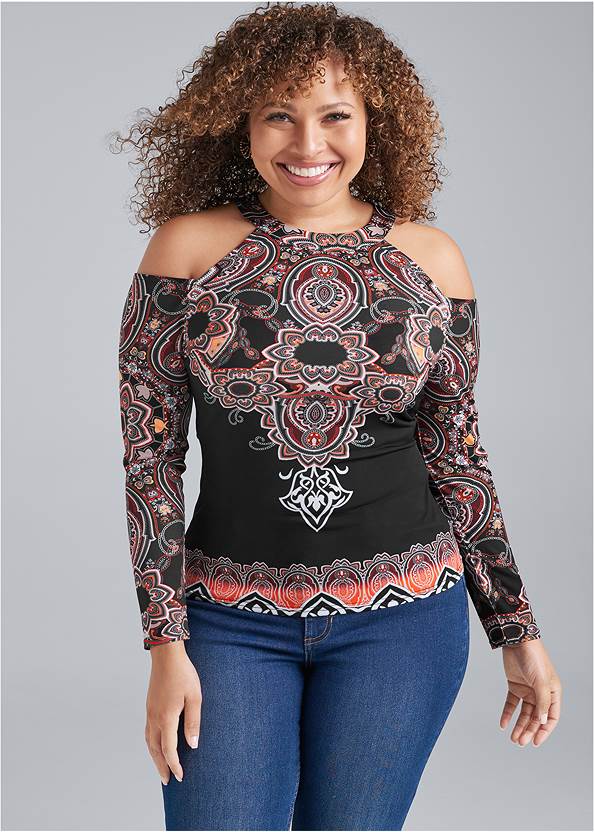 Paisley Cold-Shoulder Top,Skinny Jeans,Lift Jeans,Pearl By Venus® Strapless Bra,Stretch Waist Belt