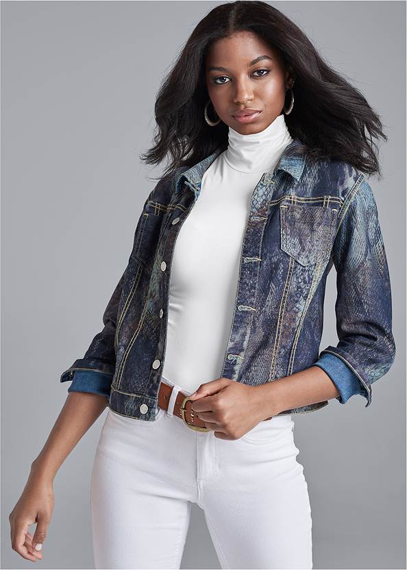 Reversible Denim Jacket,Mock-Neck Seamless Top,Basic Cami Two Pack,Mid Rise Color Skinny Jeans,Lace-Up Tall Boots