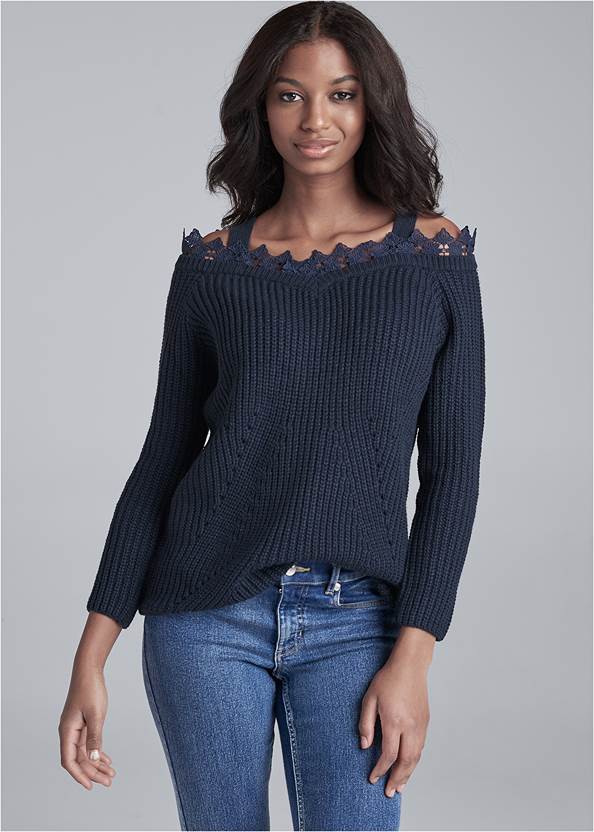 Cold-Shoulder Sweater,Mid-Rise Skinny Jeans,Mid Rise Slimming Stretch Jeggings,Back Lace-Up Flat Boots,Lace-Up Tall Boots,Ombre Macrame Crossbody
