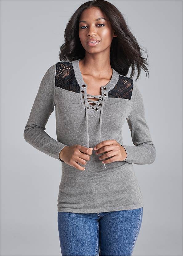 Front View Lace-Up Detail Sweater