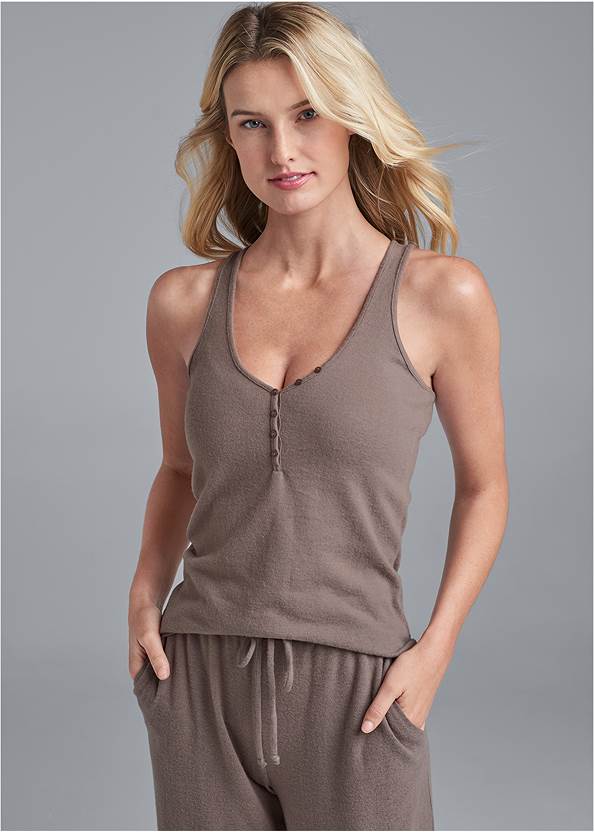 Front View Cozy Hacci Henley Tank Top