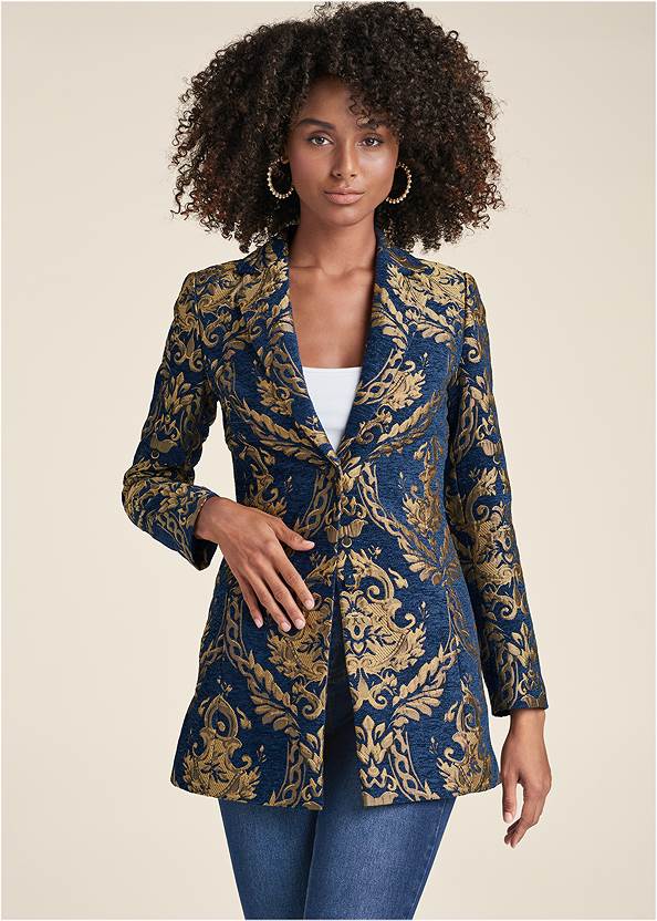 Jacquard Paisley Blazer,Basic Cami Two Pack,Bum Lifter Jeans,Sexy Ankle Strap Heels