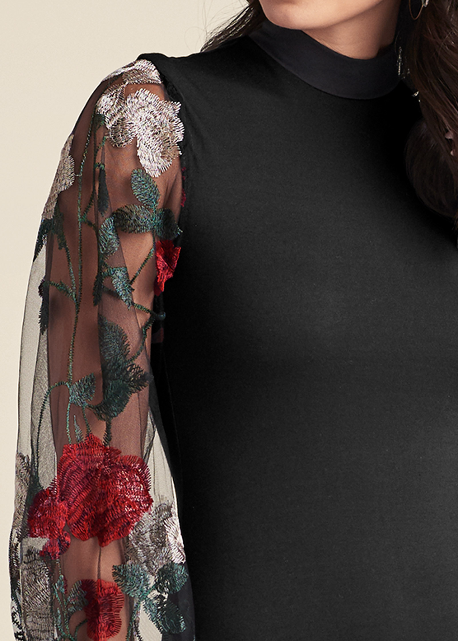 Black Multi Embroidered floral puff sleeve dress | VENUS