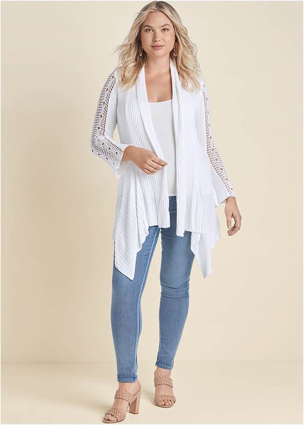 Crochet Sleeve Duster,Basic Cami Two Pack,Lift Jeans,Braided Double Strap Mules