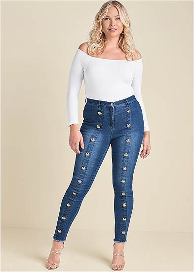 Plus Size Button Detail Skinny Jeans