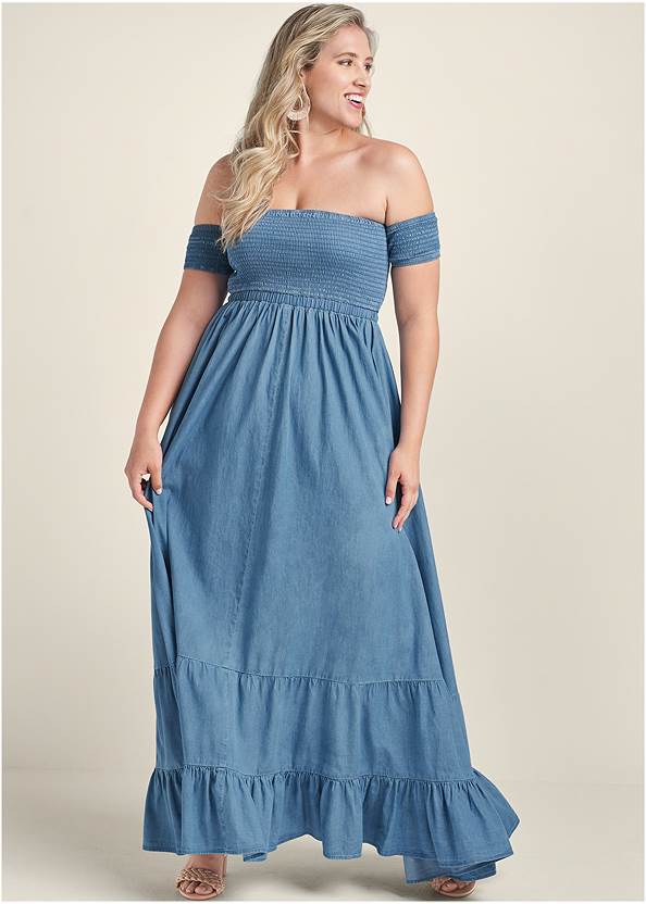 Off-The-Shoulder Maxi Dress,Pearl By Venus® Strapless Bra, Any 2 For $30,Braided Double Strap Mules