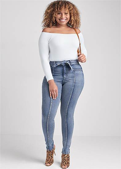 Plus Size Belted Pintuck Skinny Jeans