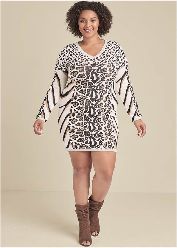 Animal Print Sweater Dress,Lace Smoothing Brief,Peep Toe Booties,Gold Statement Heel Boots