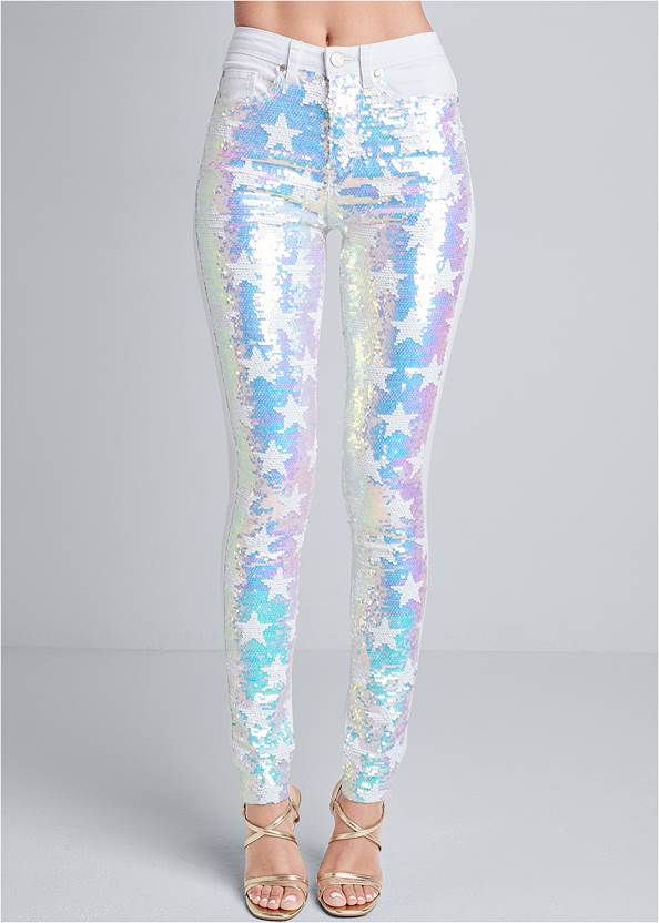 Waist down front view Reversible Sequin Jeans