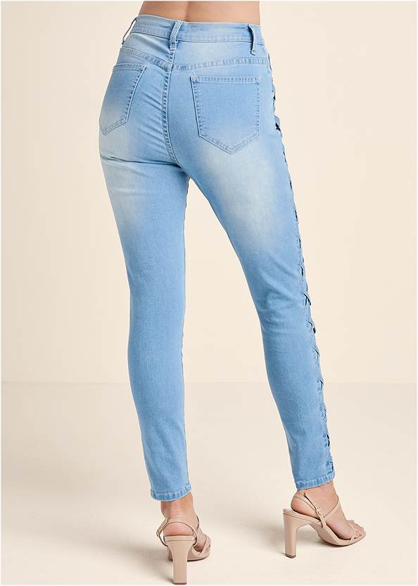 Waist down back view Lattice Detail Skinny Jeans