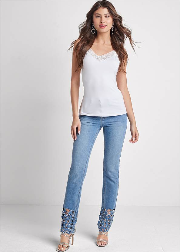 Laser Cut Rigid Jeans,Basic Cami Two Pack,Long And Lean Tank,High Heel Strappy Sandals,Metal Heart Drop Earrings