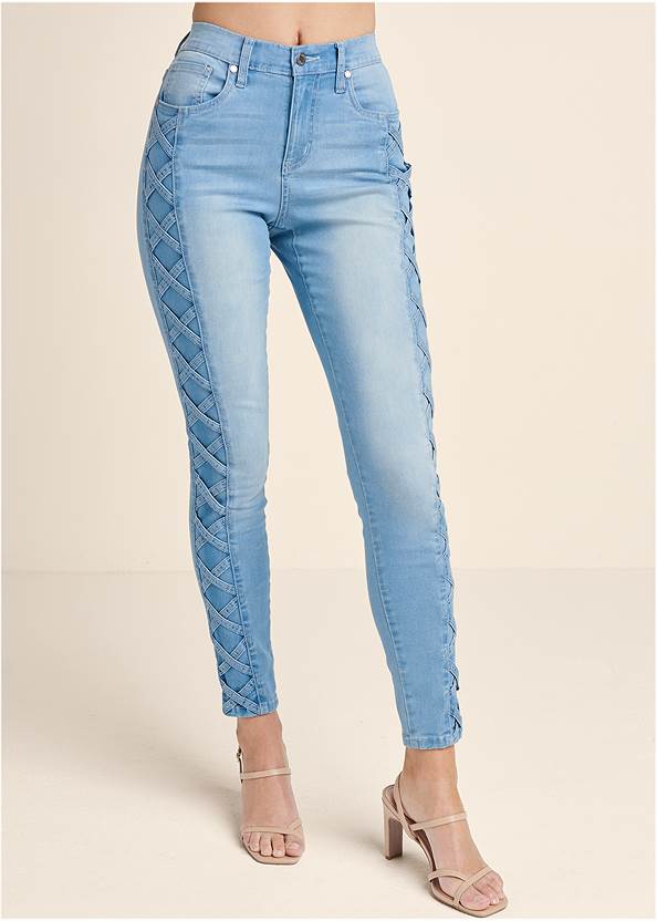Waist down front view Lattice Detail Skinny Jeans