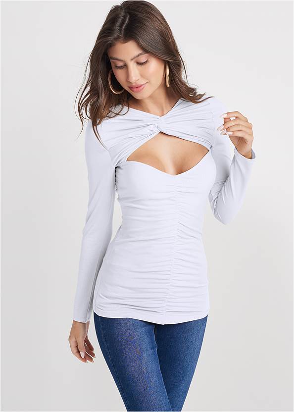 Cropped front view Ruched Knot Twist Top