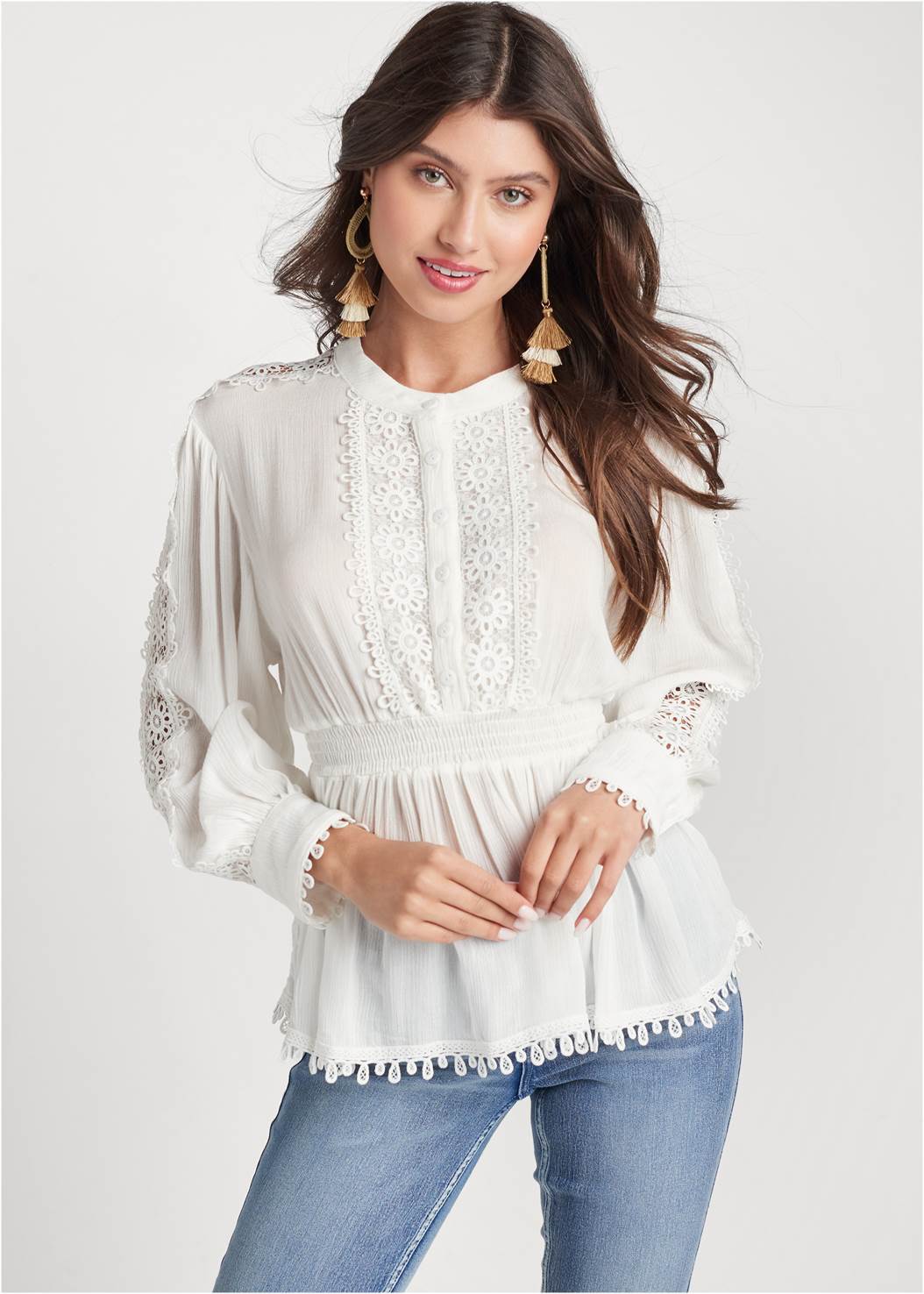 LACE SMOCKED WAIST BLOUSE in White | VENUS