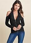 Cropped front view Zip-Up Ruched V-Neck Top