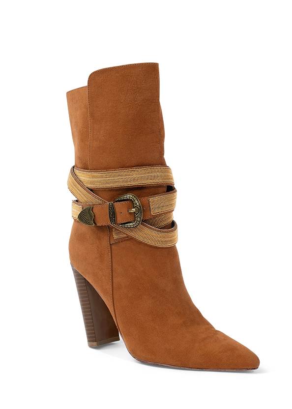 Womens Ladies Block Heel Buckle Zip Ankle Western Style Boots Cognac Brown Tan