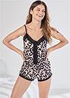 Cropped front view Lace Trim Sleep Romper
