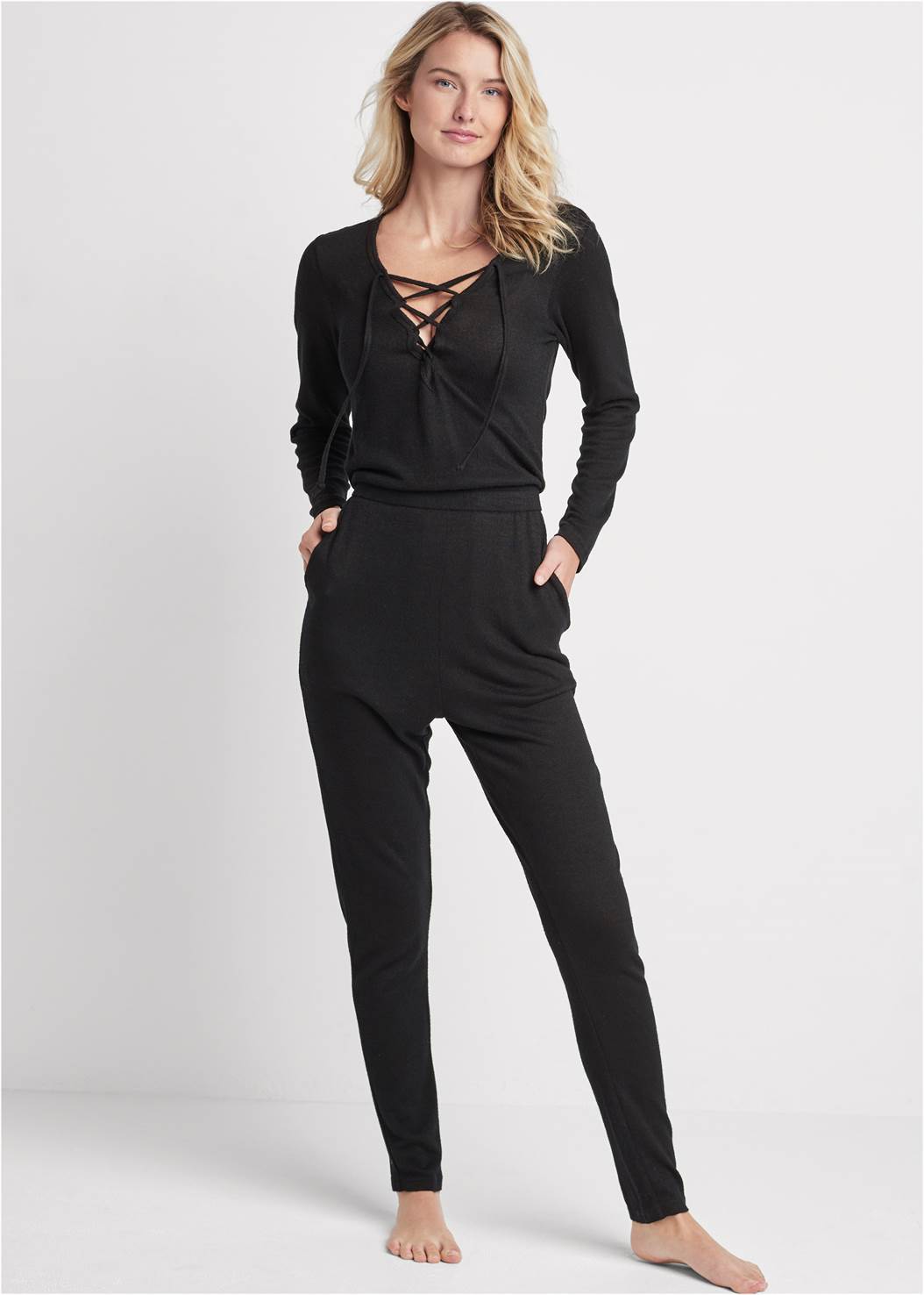 Cozy Hacci Lace-Up Jumpsuit in Black | VENUS
