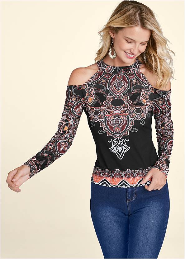 Paisley Cold-Shoulder Top,Bum Lifter Jeans,Slim Jeans,Pearl By Venus® Strapless Bra,Studded Over The Knee Boots,Whipstitch Peep Toe Booties,Peep Toe Booties,Mixed Earring Set,Beaded Drop Earrings,Faux Leather Saddle Bag