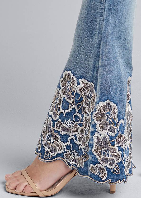 Detail side view Floral Embroidered Bootcut Jeans With Scalloped Edge