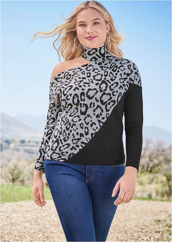 Leopard Print One-Shoulder Sweater,Skinny Jeans