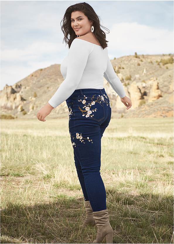 Floral Embroidered Skinny Jeans,Off-The-Shoulder Top,Easy Halter Top,Embroidered Jean Jacket,Knotted Slouchy Boots,Sexy Ankle Strap Heels,Raffia Bling Hoop Earrings,Pleated Tote Bag