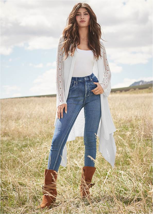 Crochet Sleeve Duster,Basic Cami Two Pack,Bum Lifter Jeans,Mid Rise Color Skinny Jeans,Western Buckle Wrap Boots,Raffia Bling Hoop Earrings,Studded Round Crossbody