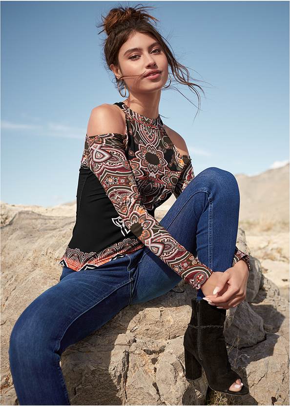 Paisley Cold-Shoulder Top,Bum Lifter Jeans,Mid Rise Color Skinny Jeans,Pearl By Venus® Strapless Bra, Any 2 For $75,Studded Over The Knee Boots,Whipstitch Peep Toe Booties,Beaded Drop Earrings