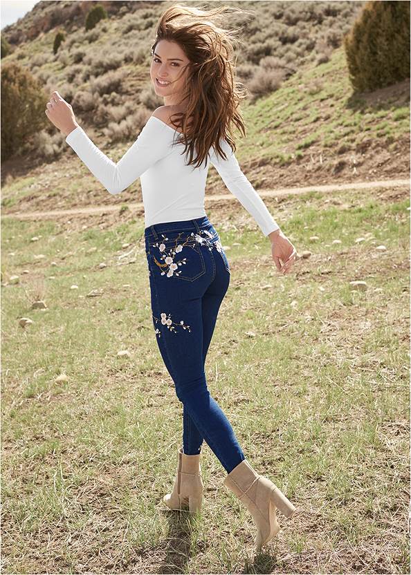 Floral Embroidered Skinny Jeans,Off-The-Shoulder Top,Long And Lean V-Neck Tee,Embroidered Jean Jacket,Whipstitch Peep Toe Booties,Velvet Embellished Heels,Beaded Drop Earrings