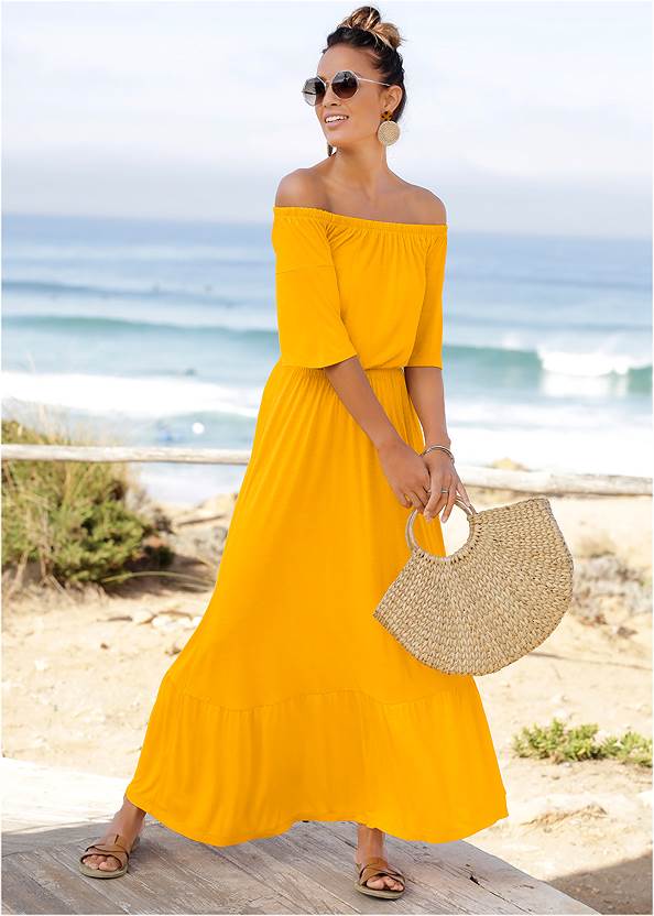 Off-The-Shoulder Maxi Dress,Studded Flip Flops,Strappy Toe Ring Sandals,Woven Beaded Tote Bag