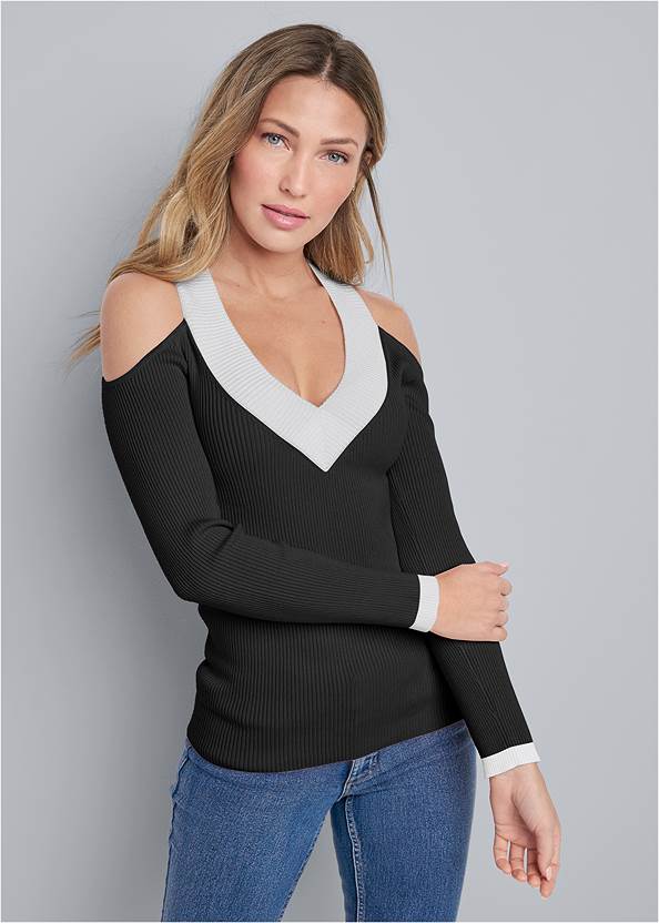Cropped Front View Ribbed Cold Shoulder V Neck Sweater