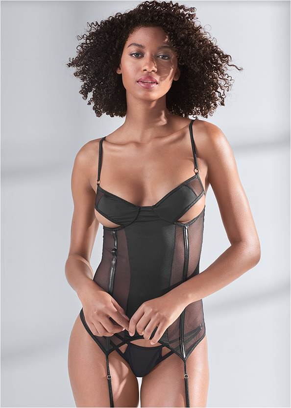 Open Cup Bustier With Panty,Mesh Thigh Highs With Lace