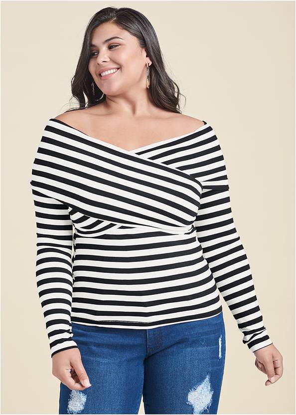 Front View Stripe Off-The-Shoulder Top