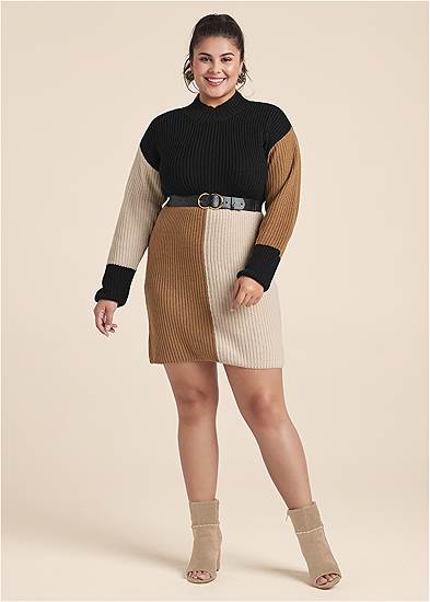 Plus Size Belted Color Block Sweater Dress