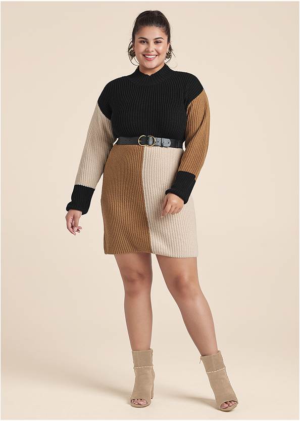Belted Color Block Sweater Dress,Whipstitch Peep Toe Booties