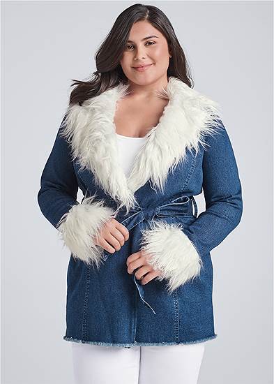 Plus Size Denim And Faux-Fur Trench