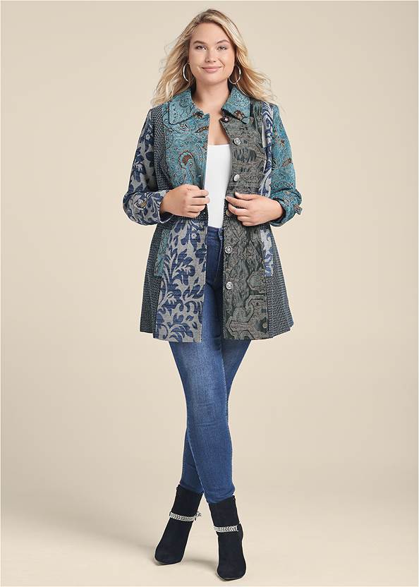 Mixed Print Coat,Basic Cami Two Pack,Skinny Jeans,Chain Buckle Booties,Slouchy Pointed Toe Booties,Hoop Earrings